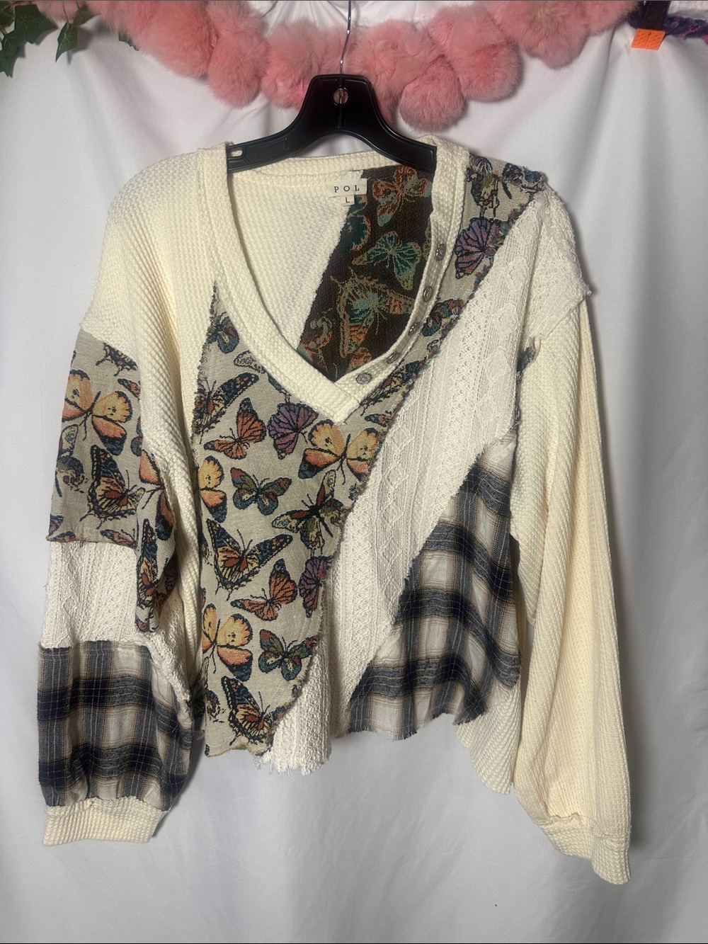 POL Patchwork V-Neck Sweatshirt in Cream, Black, Green, Orange